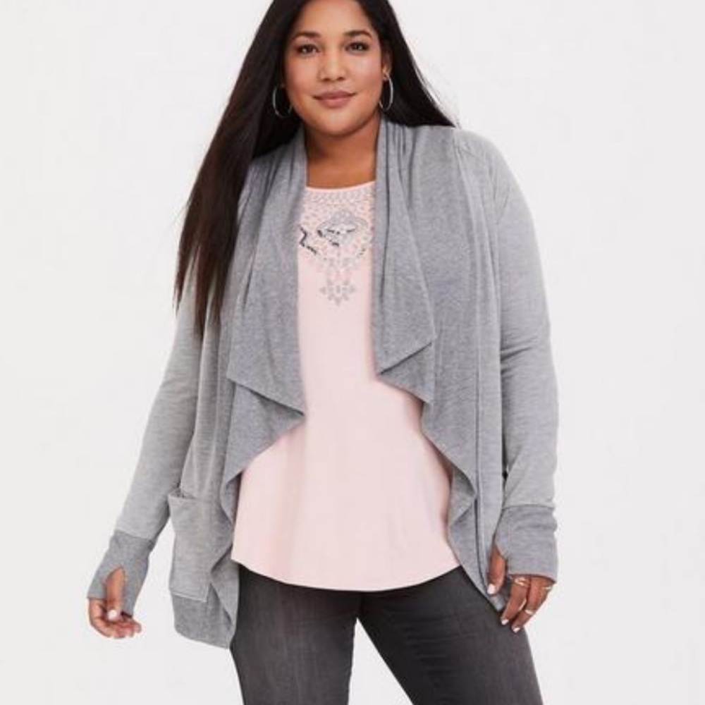 Torrid Plus Size 1X Grey Draped French Terry Open Front Lightweight Cardigan